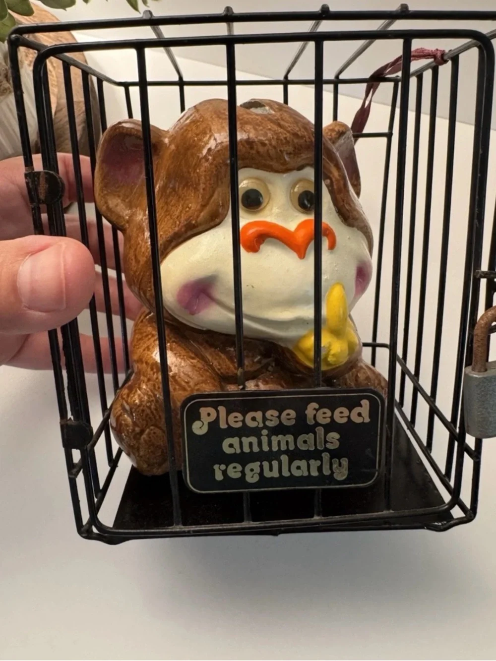 Vintage Gorilla Coin Bank in Cage w/Lock Taiwan “Please Feed Animals” Jail Bank